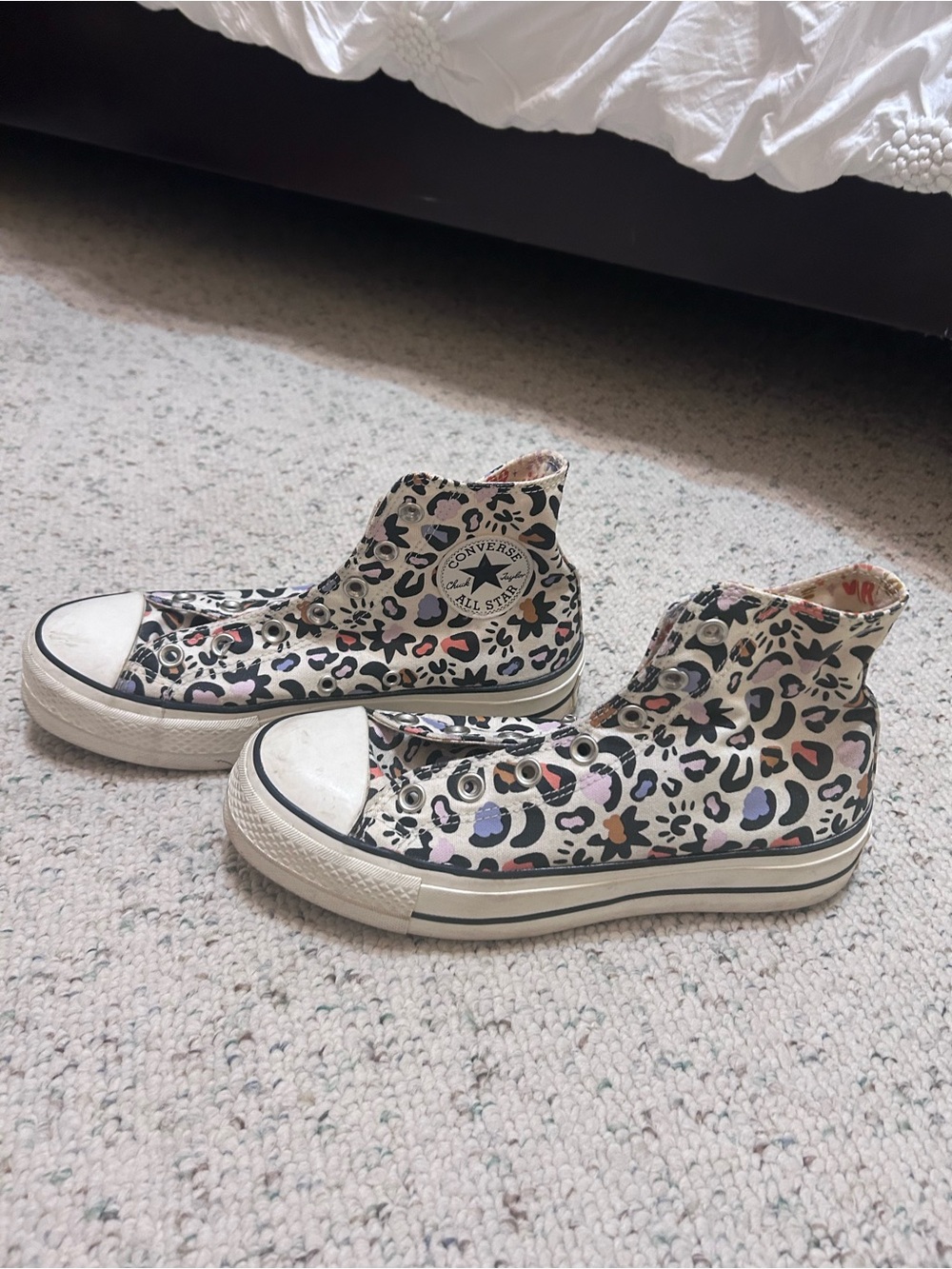 Converse women’s Cream Leopard-Print High Top Sneakers with Multicolor Spots